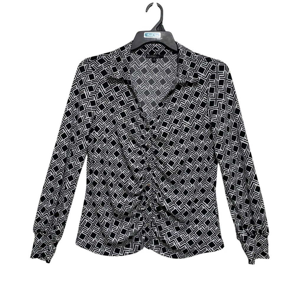 Studio By JPR Blouse Top Womens Size Medium Black & White Long Sleeve